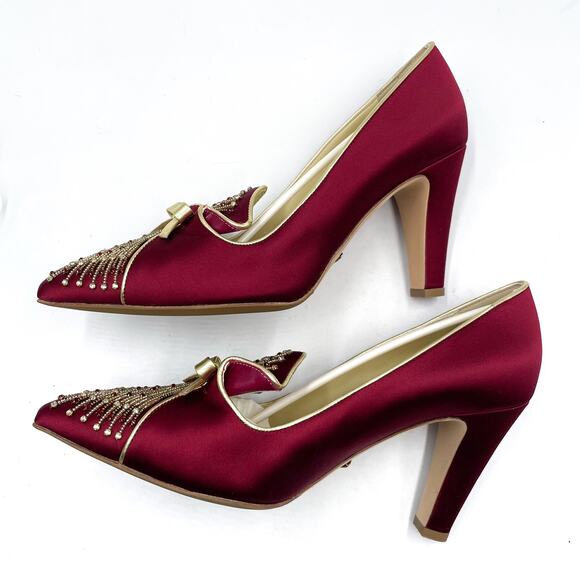 Sarah Flint Perfect Madeleine 85 Pumps Red Pointed Gold Bow Beaded Sz 41 / 10 US - Picture 8 of 11